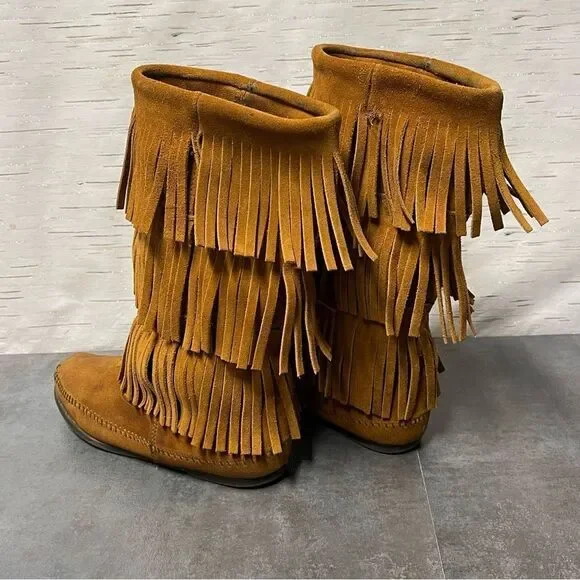 Minnetonka Women’s 3-Layer Fringe Brown Suede Leather Boots Size 8 - Picture 16 of 16